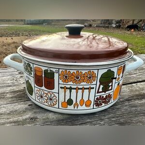 1970’s Danish Modern Enamelware Pot With Lid Retro Kitchen Pattern